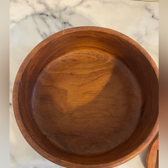 3pc Wood Salad Bowl Set with Utensils Large Round Serving Bowl Natural Brown - Picture 7 of 9